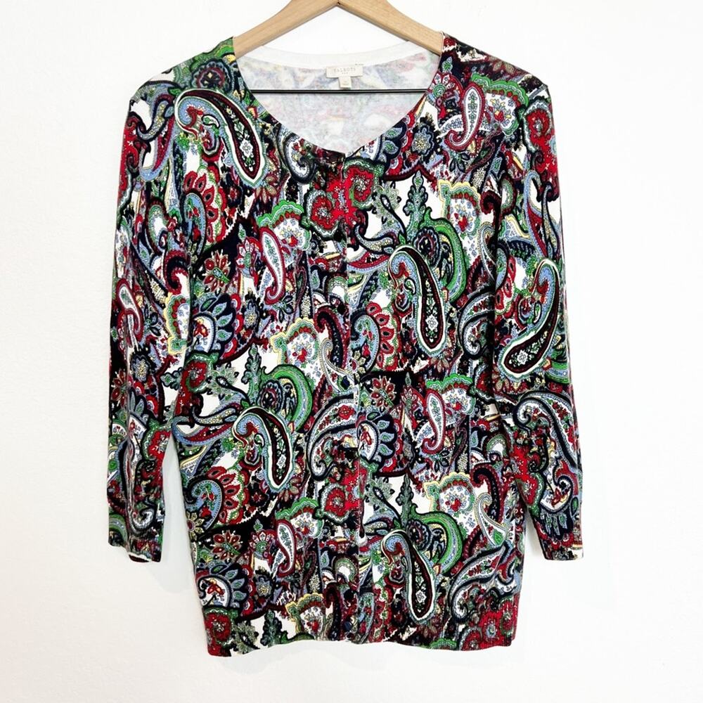 TALBOTS MEDIUM BUTTON UP RED BLUE MULTICOLOR COTTON SWEATER OR CARDIGAN TOP